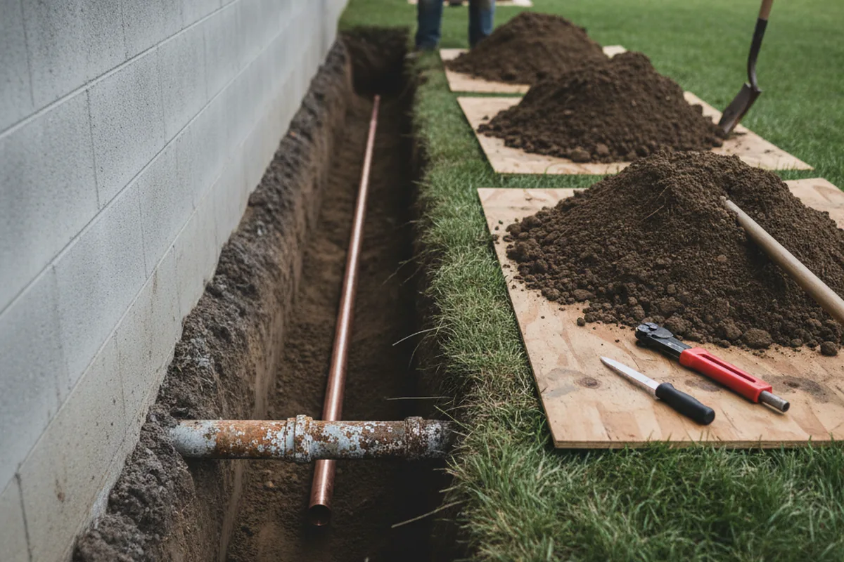 Excavated water line trench during Water Heater Repair in Sumas